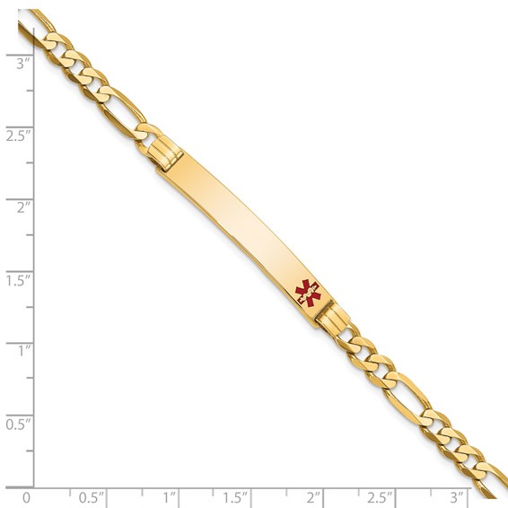 14K Medical Solid Chain/Solid Plate 37x6mm Off-Center Red Enamel Flat Figaro 7 inch Link ID Bracelet