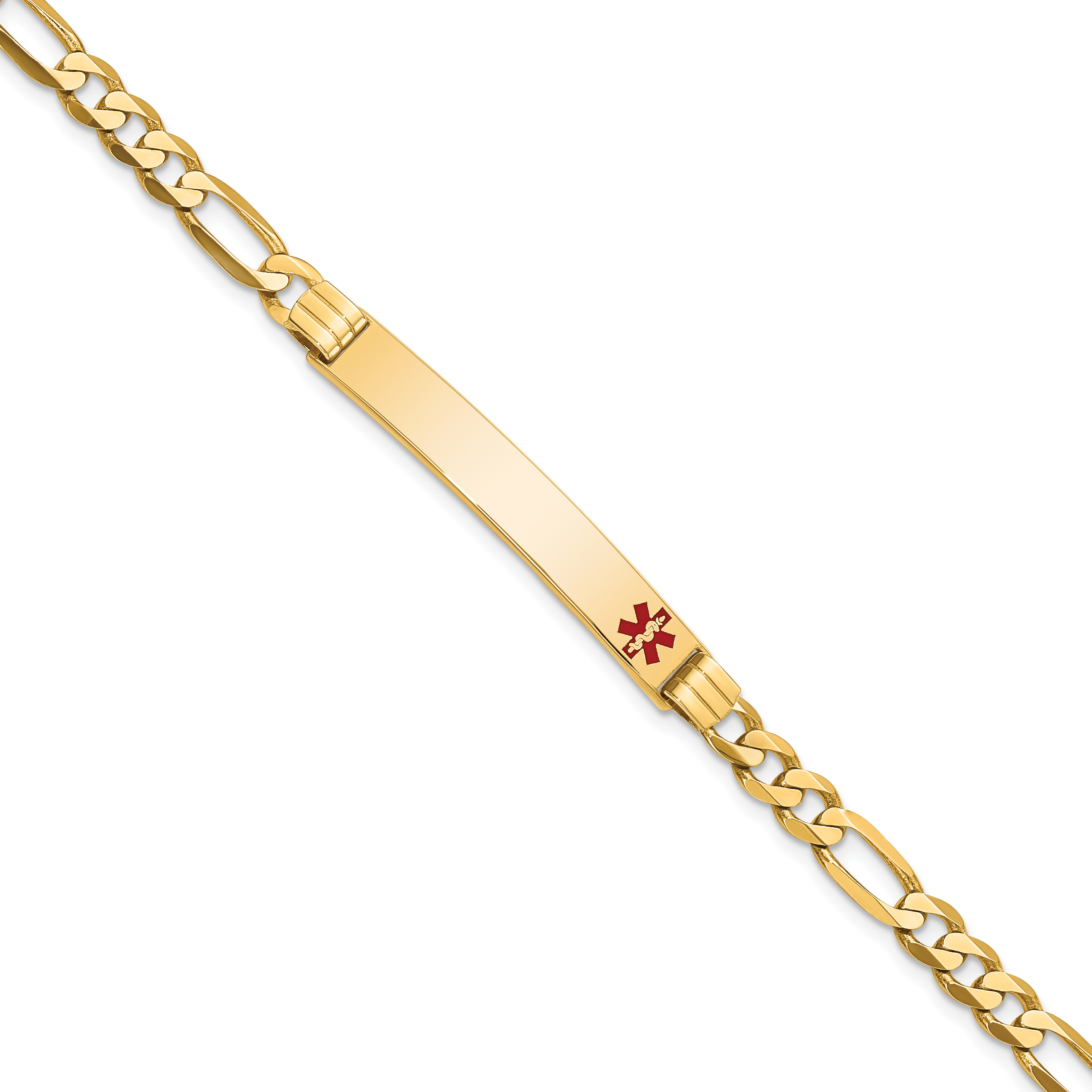 14K Medical Solid Chain/Solid Plate 37x6mm Off-Center Red Enamel Flat Figaro 7 inch Link ID Bracelet (XM566FR-7)