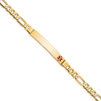 14K Yellow Gold Medical Solid Chain Solid Plate 37x 6mm Off-Center Red Enamel Flat Figaro Link ID Bracelet, 7" view 1