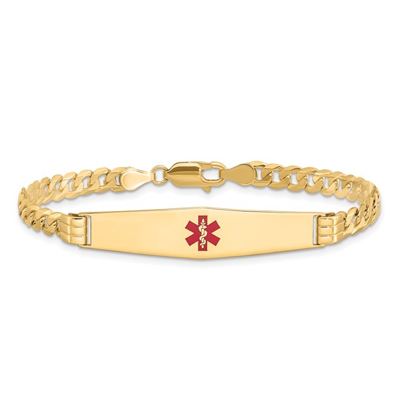 14K Medical Solid Chain/Solid Plate Soft Diamond Shape 36x9mm Centered Red Enamel Curb Link 8 inch ID Bracelet