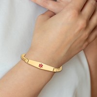 14K Medical Solid Chain Solid Plate Soft Diamond Shape 36x9mm Centered Red Enamel Curb Link 7 Inch ID Bracelet view 5