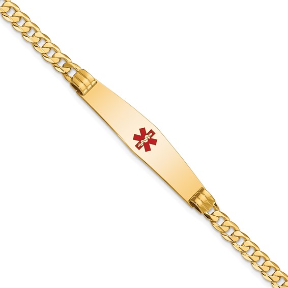 14K Medical Solid Chain/Solid Plate Soft Diamond Shape 36x9mm Centered Red Enamel Curb Link 8 inch ID Bracelet