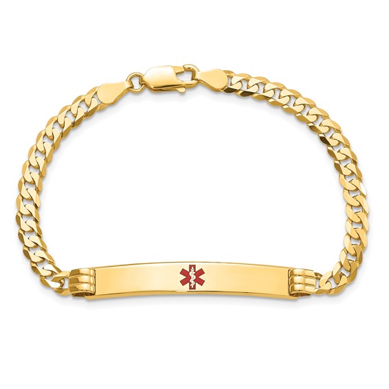 14K Medical Solid Chain/Solid Plate 37x6mm Centered Red Enamel Curb Link 7 inch ID Bracelet