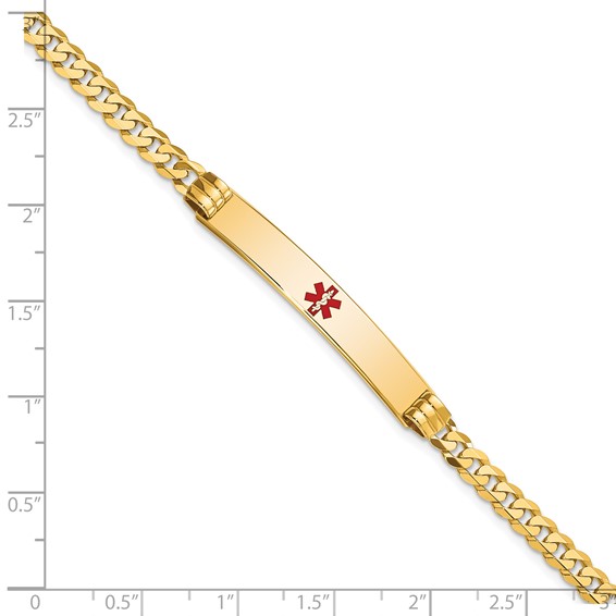 14K Medical Solid Chain/Solid Plate 37x6mm Centered Red Enamel Curb Link 7 inch ID Bracelet