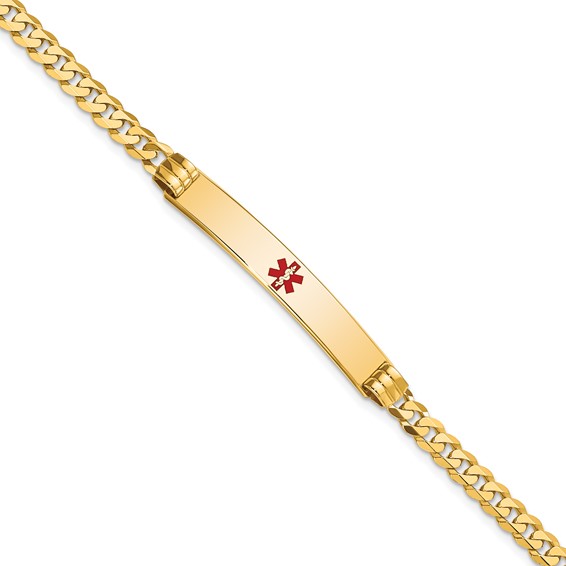 14K Medical Solid Chain/Solid Plate 37x6mm Centered Red Enamel Curb Link 7 inch ID Bracelet