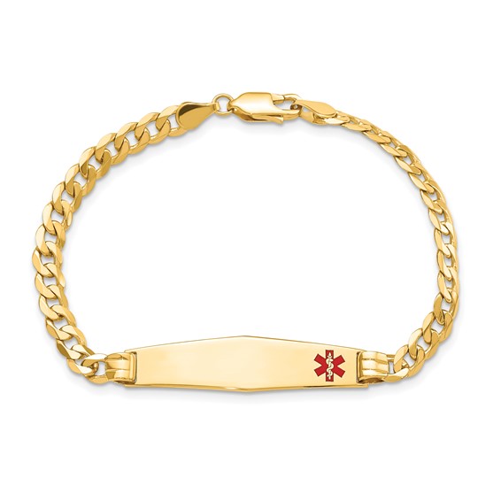 14K Medical Solid Chain/Solid Plate Soft Diamond Shape 36x9mm Off-Center Red Enamel Curb Link 8 inch ID Bracelet