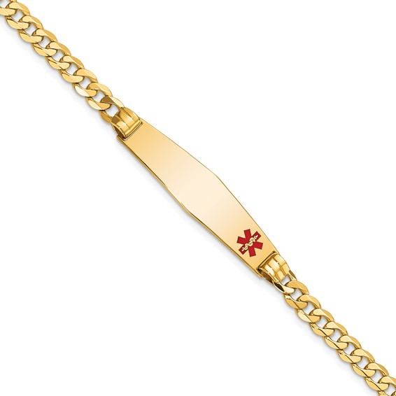 14K Medical Solid Chain/Solid Plate Soft Diamond Shape 36x9mm Off-Center Red Enamel Curb Link 8 inch ID Bracelet