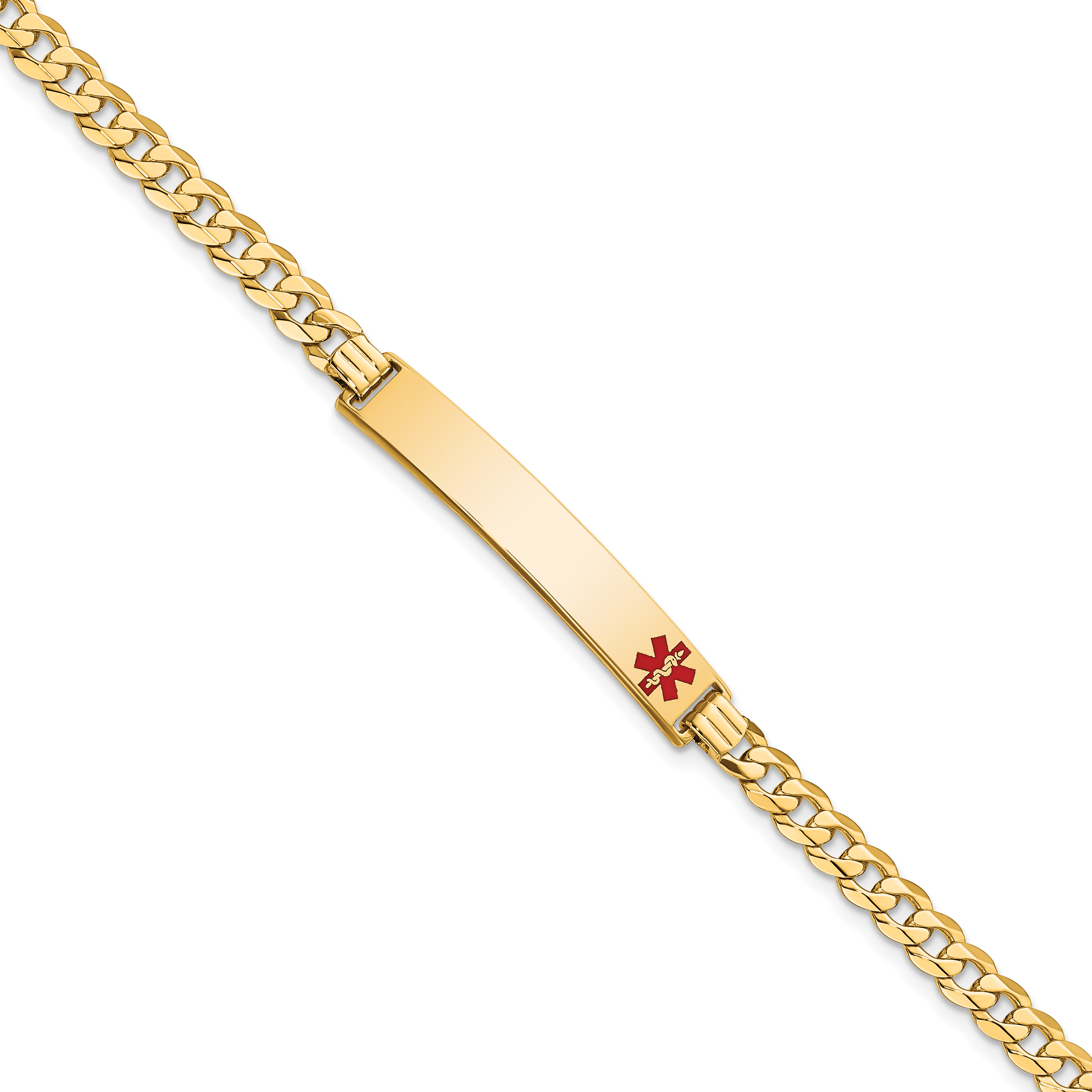 14K Medical Solid Chain/Solid Plate 37x6mm Off-Center Red Enamel Curb Link 7 inch ID Bracelet (XM567FR-7)