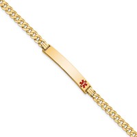 14K Yellow Gold Medical Solid Chain Solid Plate 37x 6mm Off-Center Red Enamel Curb Link ID Bracelet, 7" view 1