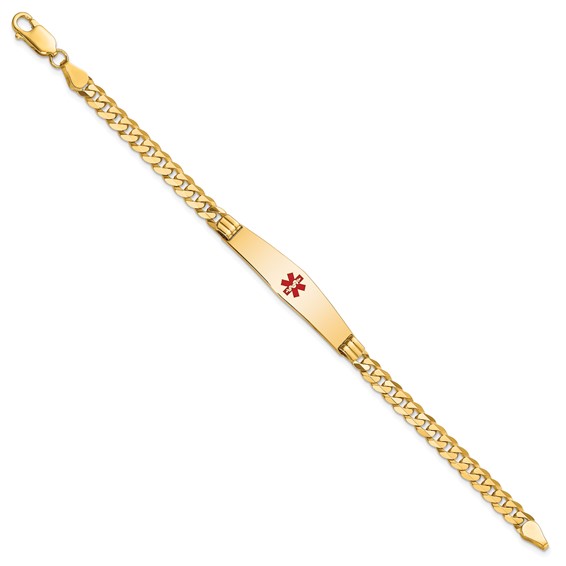 14K Medical Solid Chain/Solid Plate Soft Diamond Shape 36x9mm Centered Red Enamel Curb Link 7 inch ID Bracelet