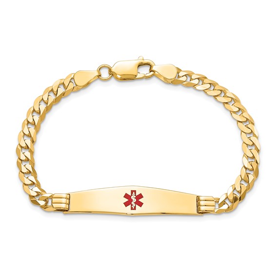 14K Medical Solid Chain/Solid Plate Soft Diamond Shape 36x9mm Centered Red Enamel Curb Link 7 inch ID Bracelet