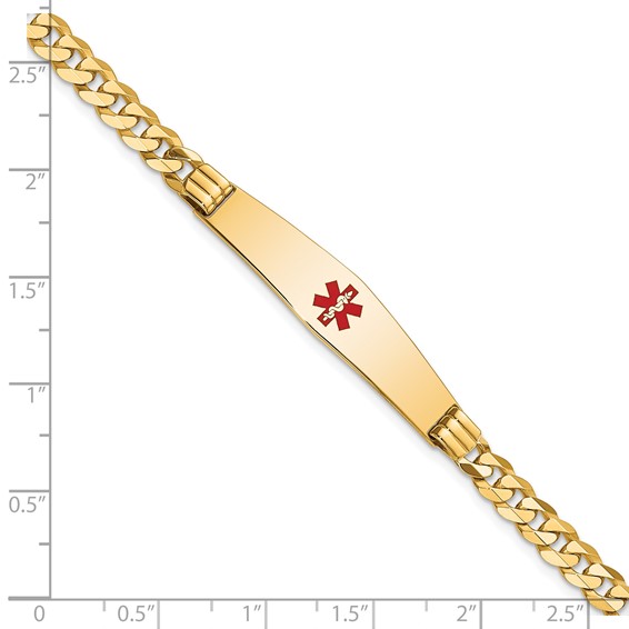 14K Medical Solid Chain/Solid Plate Soft Diamond Shape 36x9mm Centered Red Enamel Curb Link 7 inch ID Bracelet