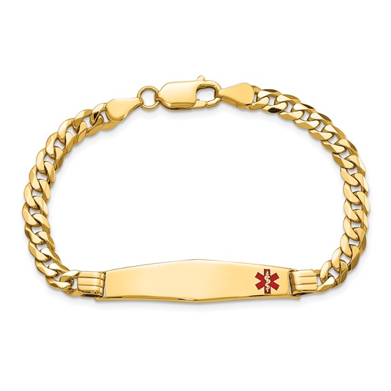 14K Medical Solid Chain/Solid Plate Soft Diamond Shape 36x9mm Off-Center Red Enamel Curb Link 7 inch ID Bracelet