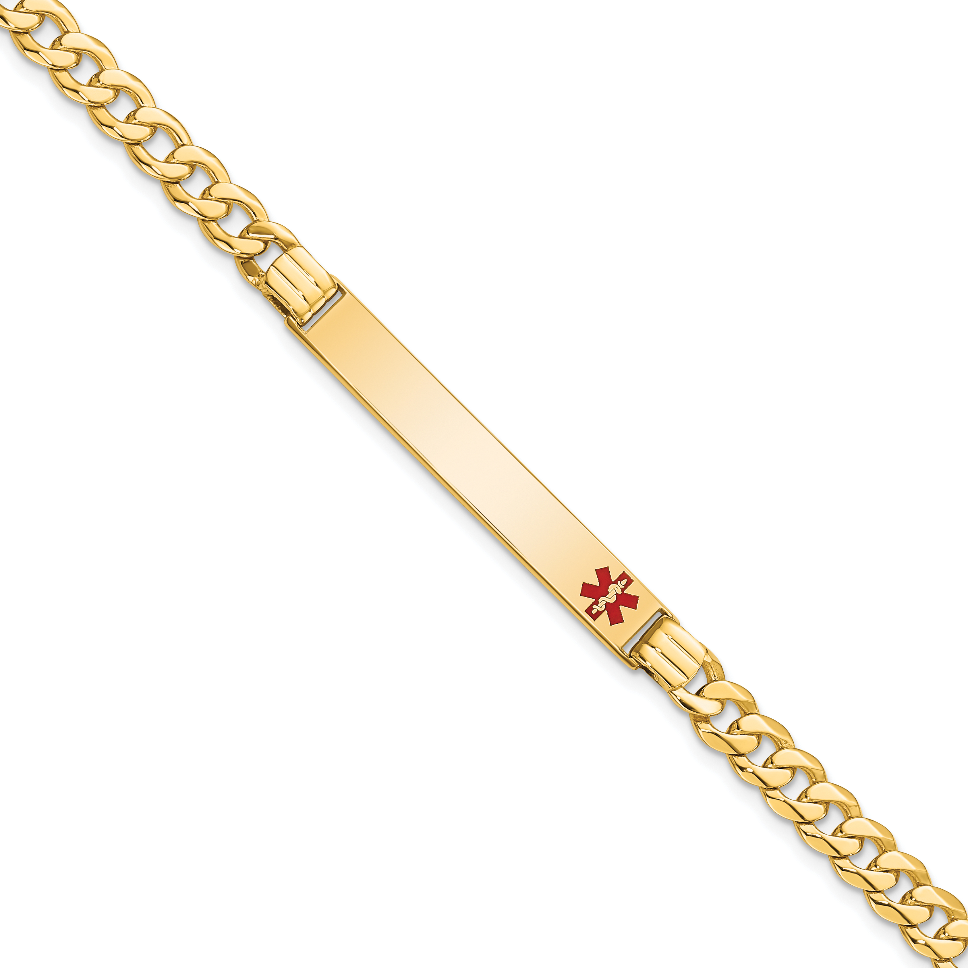 14K Medical Solid Chain/Solid Plate 37x6mm Off-Center Red Enamel Curb Link 7 inch ID Bracelet (XM568FR-7)