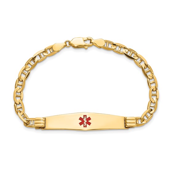 14K Medical Solid Chain/Solid Plate Soft Diamond Shape 36x9mm Centered Red Enamel Anchor Link 8 inch ID Bracelet