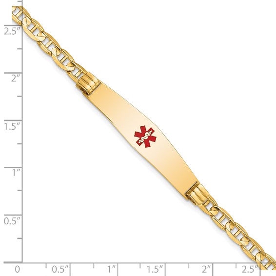 14K Medical Solid Chain/Solid Plate Soft Diamond Shape 36x9mm Centered Red Enamel Anchor Link 8 inch ID Bracelet