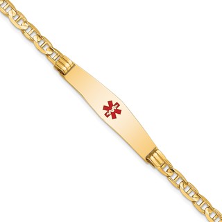 14K Medical Solid Chain/Solid Plate Soft Diamond Shape 36x9mm Centered Red Enamel Anchor Link 8 inch ID Bracelet