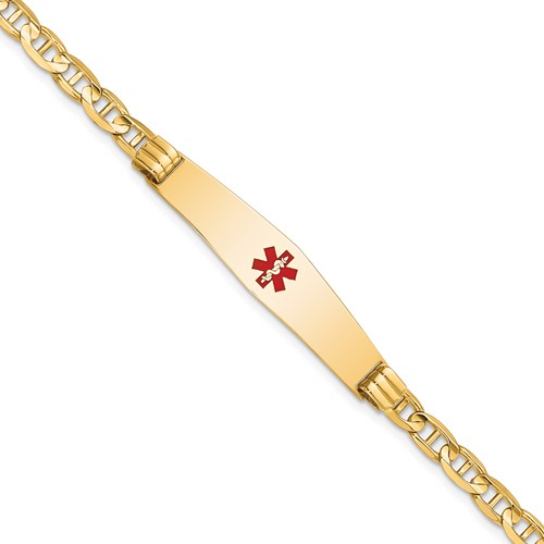 14K Medical Solid Chain/Solid Plate Soft Diamond Shape 36x9mm Centered Red Enamel Anchor Link 8 inch ID Bracelet