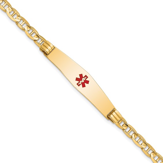 14K Medical Solid Chain/Solid Plate Soft Diamond Shape 36x9mm Centered Red Enamel Anchor Link 8 inch ID Bracelet