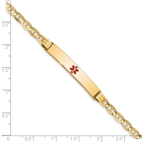 14K Medical Solid Chain/Solid Plate 37x6mm Centered Red Enamel Anchor Link 8 inch ID Bracelet
