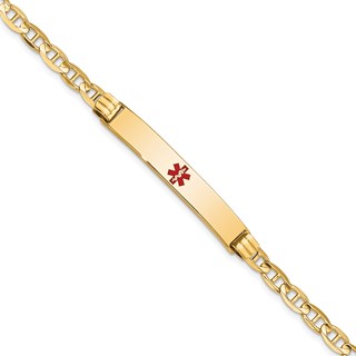 14K Medical Solid Chain/Solid Plate 37x6mm Centered Red Enamel Anchor Link 8 inch ID Bracelet