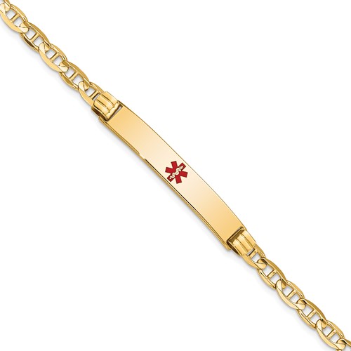 14K Medical Solid Chain/Solid Plate 37x6mm Centered Red Enamel Anchor Link 8 inch ID Bracelet