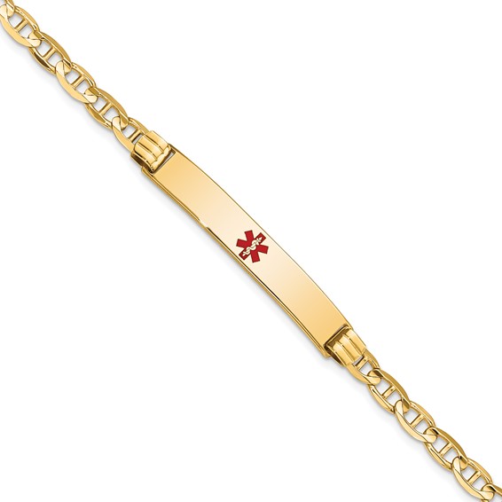 14K Medical Solid Chain/Solid Plate 37x6mm Centered Red Enamel Anchor Link 8 inch ID Bracelet