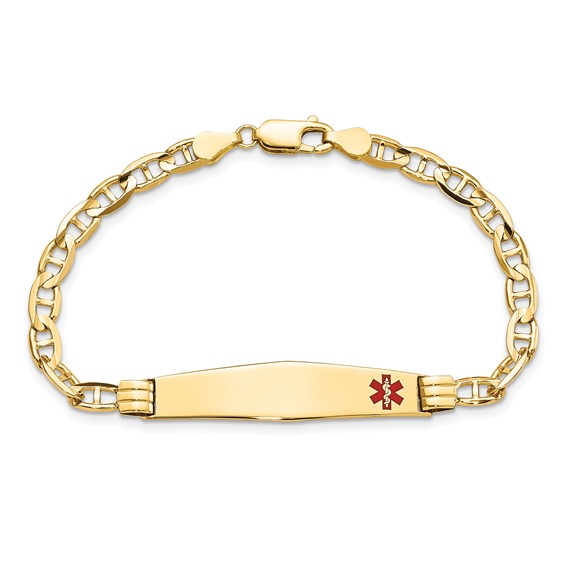 14K Medical Solid Chain/Solid Plate Soft Diamond Shape 36x9mm Off-Center Red Enamel Anchor Link 8 inch ID Bracelet