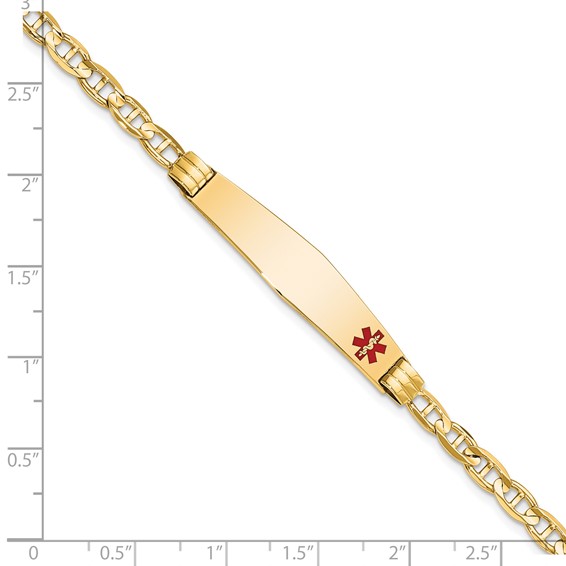 14K Medical Solid Chain/Solid Plate Soft Diamond Shape 36x9mm Off-Center Red Enamel Anchor Link 8 inch ID Bracelet