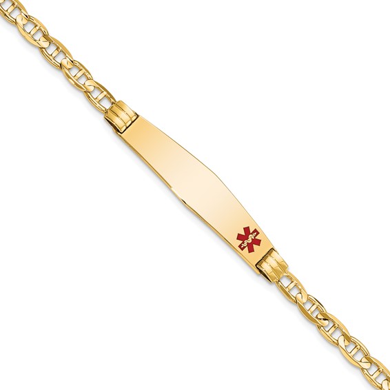 14K Medical Solid Chain/Solid Plate Soft Diamond Shape 36x9mm Off-Center Red Enamel Anchor Link 8 inch ID Bracelet
