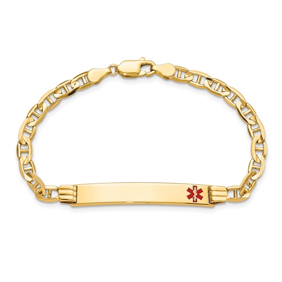 14K Medical Solid Chain/Solid Plate 37x6mm Off-Center Red Enamel Anchor Link 8 inch ID Bracelet