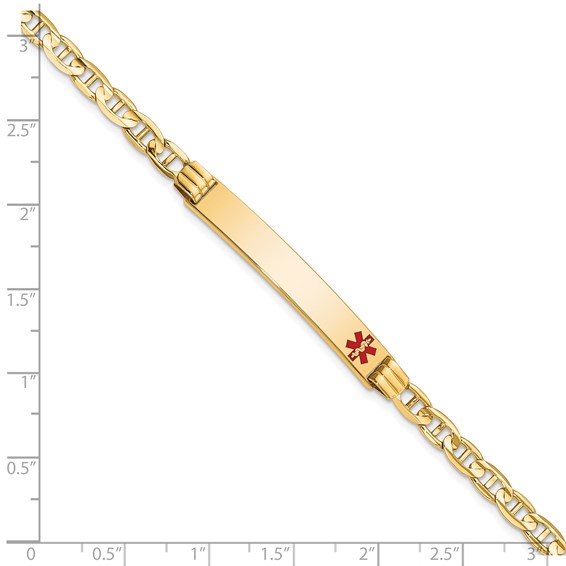 14K Medical Solid Chain/Solid Plate 37x6mm Off-Center Red Enamel Anchor Link 8 inch ID Bracelet