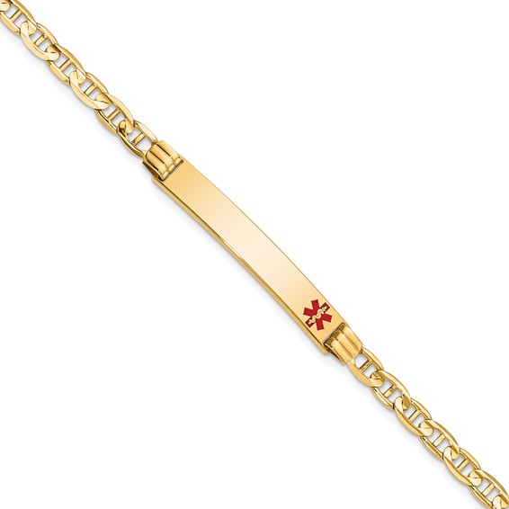 14K Medical Solid Chain/Solid Plate 37x6mm Off-Center Red Enamel Anchor Link 8 inch ID Bracelet