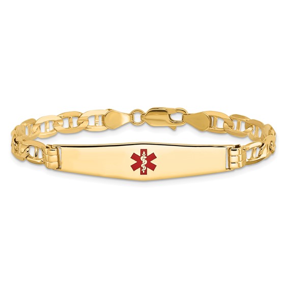 14K Medical Solid Chain/Solid Plate Soft Diamond Shape 36x9mm Centered Red Enamel Anchor Link 8 inch ID Bracelet