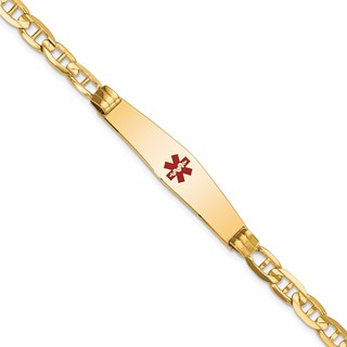 14K Medical Solid Chain/Solid Plate Soft Diamond Shape 36x9mm Centered Red Enamel Anchor Link 8 inch ID Bracelet