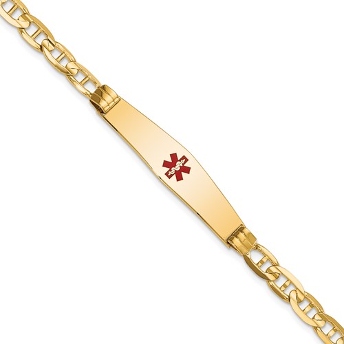 14K Yellow Gold Medical Solid Chain Solid Plate Soft Diamond Shape 36x 9mm Centered Red Enamel Anchor Link ID Bracelet, 7"