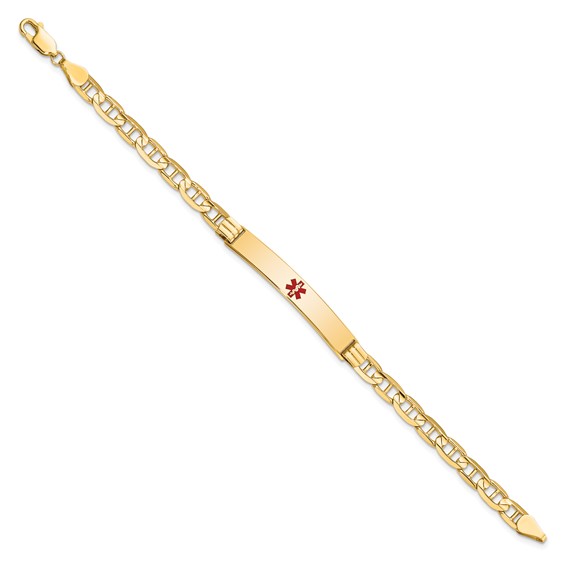 14K Medical Solid Chain/Solid Plate 37x6mm Centered Red Enamel Anchor Link 8 inch ID Bracelet