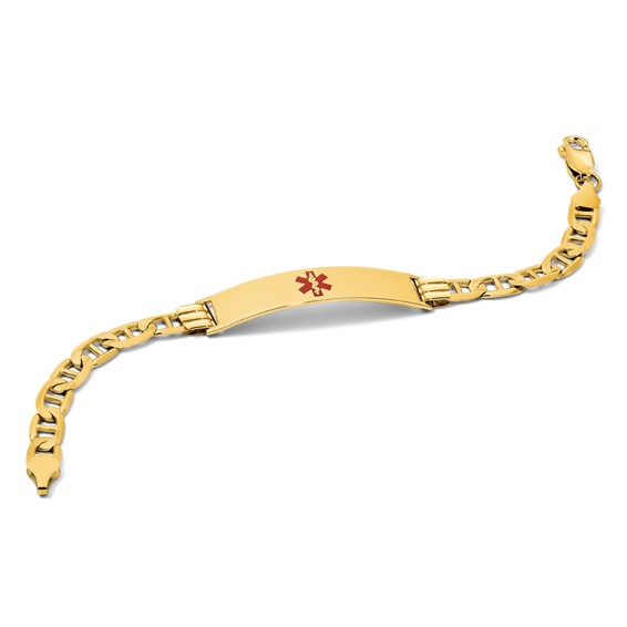 14K Medical Solid Chain/Solid Plate 37x6mm Centered Red Enamel Anchor Link 7 inch ID Bracelet