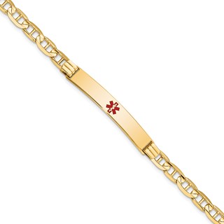 14K Medical Solid Chain/Solid Plate 37x6mm Centered Red Enamel Anchor Link 8 inch ID Bracelet