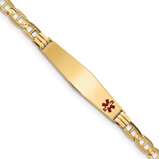 14K Medical Solid Chain/Solid Plate Soft Diamond Shape 37x9mm Off-Center Red Enamel Anchor Link 7 inch ID Bracelet
