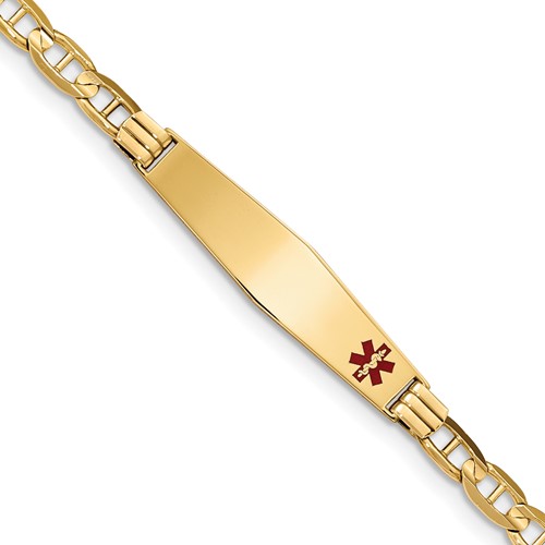 14K Medical Solid Chain/Solid Plate Soft Diamond Shape 37x9mm Off-Center Red Enamel Anchor Link 8 inch ID Bracelet