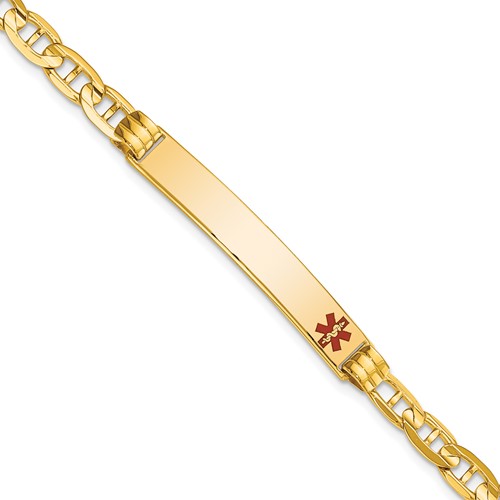 14K Yellow Gold Medical Solid Chain Solid Plate 37x 6mm Off-Center Red Enamel Anchor Link ID Bracelet, 7"