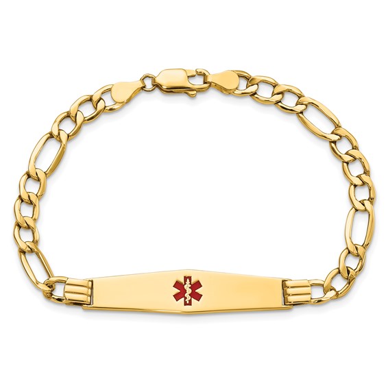 14K Medical Semi-Solid Chain/Solid Plate Soft Diamond Shape 37x9mm Centered Red Enamel Figaro Link 7 inch ID Bracelet