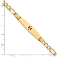 14K Yellow Gold Medical Semi-Solid Chain Solid Plate Soft Diamond Shape 37x 9mm Centered Red Enamel Figaro Link ID Bracelet, 7" view 3