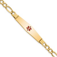 14K Yellow Gold Medical Semi-Solid Chain Solid Plate Soft Diamond Shape 37x 9mm Centered Red Enamel Figaro Link ID Bracelet, 7" view 1