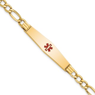 14K Medical Semi-Solid Chain/Solid Plate Soft Diamond Shape 37x9mm Centered Red Enamel Figaro Link 7 inch ID Bracelet