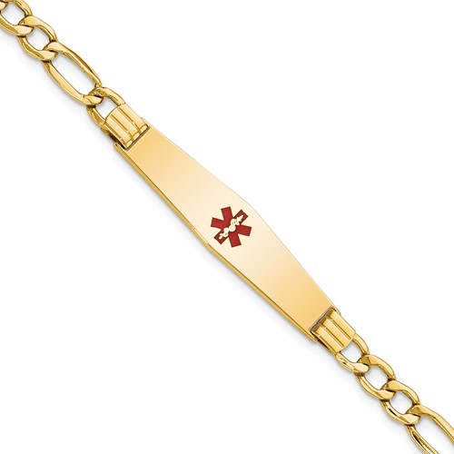 14K Yellow Gold Medical Semi-Solid Chain Solid Plate Soft Diamond Shape 37x 9mm Centered Red Enamel Figaro Link ID Bracelet, 7"