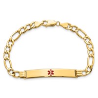 14K Yellow Gold Medical Semi-Solid Chain Solid Plate 37x 6mm Centered Red Enamel Figaro Link ID Bracelet, 7" view 4