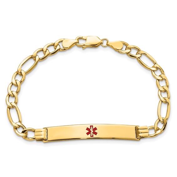 14K Medical Semi-Solid Chain/Solid Plate 37x6mm Centered Red Enamel Figaro Link 7 inch ID Bracelet
