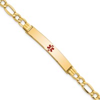 14K Yellow Gold Medical Semi-Solid Chain Solid Plate 37x 6mm Centered Red Enamel Figaro Link ID Bracelet, 7" view 1